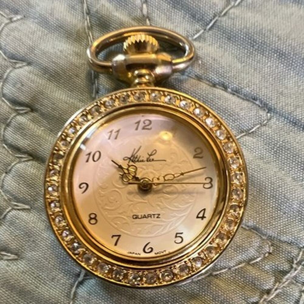 Vintage Kathie Lee Gold Tone Rhinestone Bezel Pocket Watch Pendant